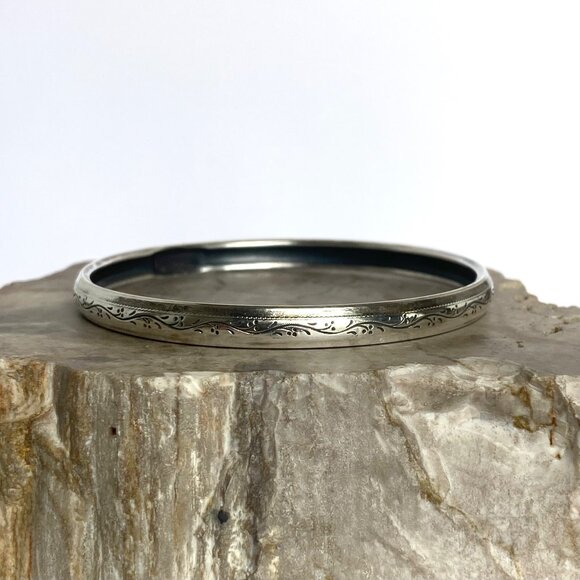 VTG Sterling Silver 925 Engraved Scroll Pattern 6MM Round Bangle Bracelet 8.25" - Picture 12 of 16